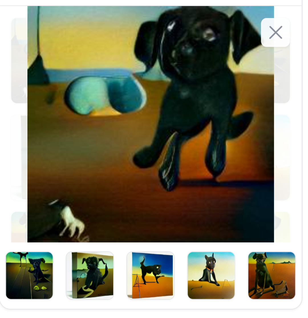 screenshot of images generated by the open-source AI DALL·E Mini generated from prompt "A painting of a black puppy by Salvador Dali"