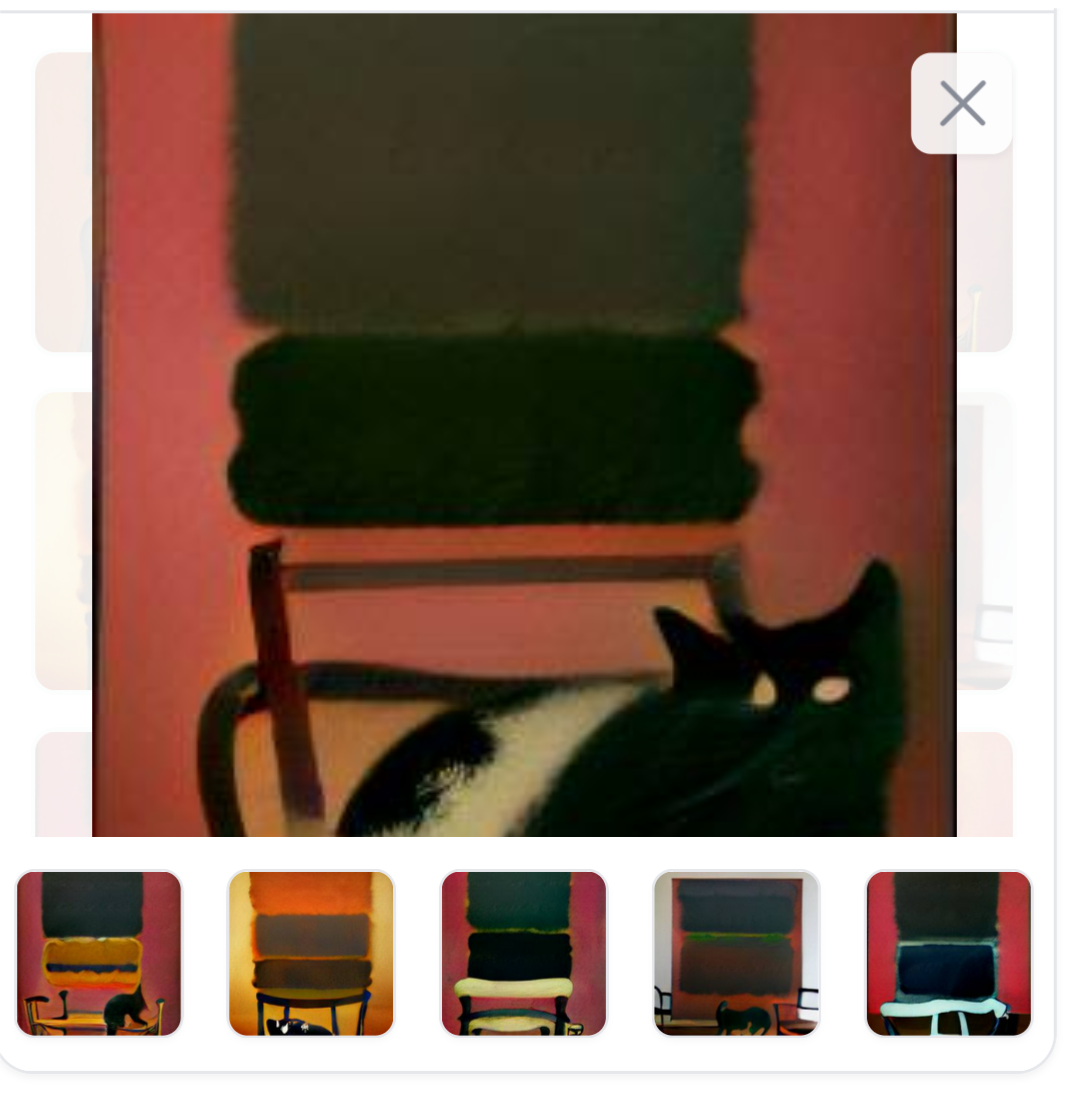 screenshot of images generated by the open-source AI DALL·E Mini generated from prompt "Painting of a black cat with white markings sitting on a chair by Rothko"