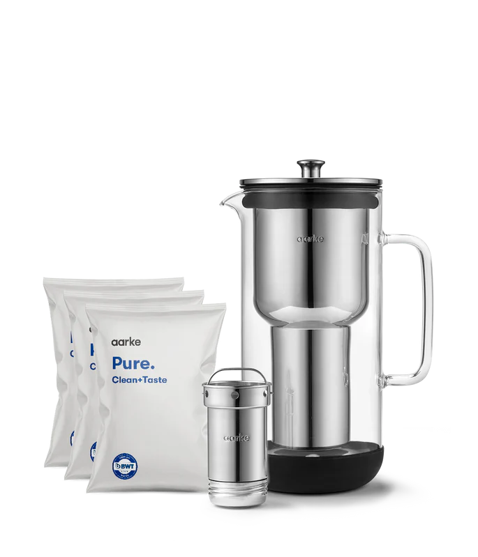 Aarke filter granules and glass purifying water pitcher.