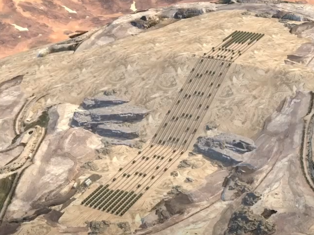 ARES computer rendering of mass cars going up and down the side of a gravel pit