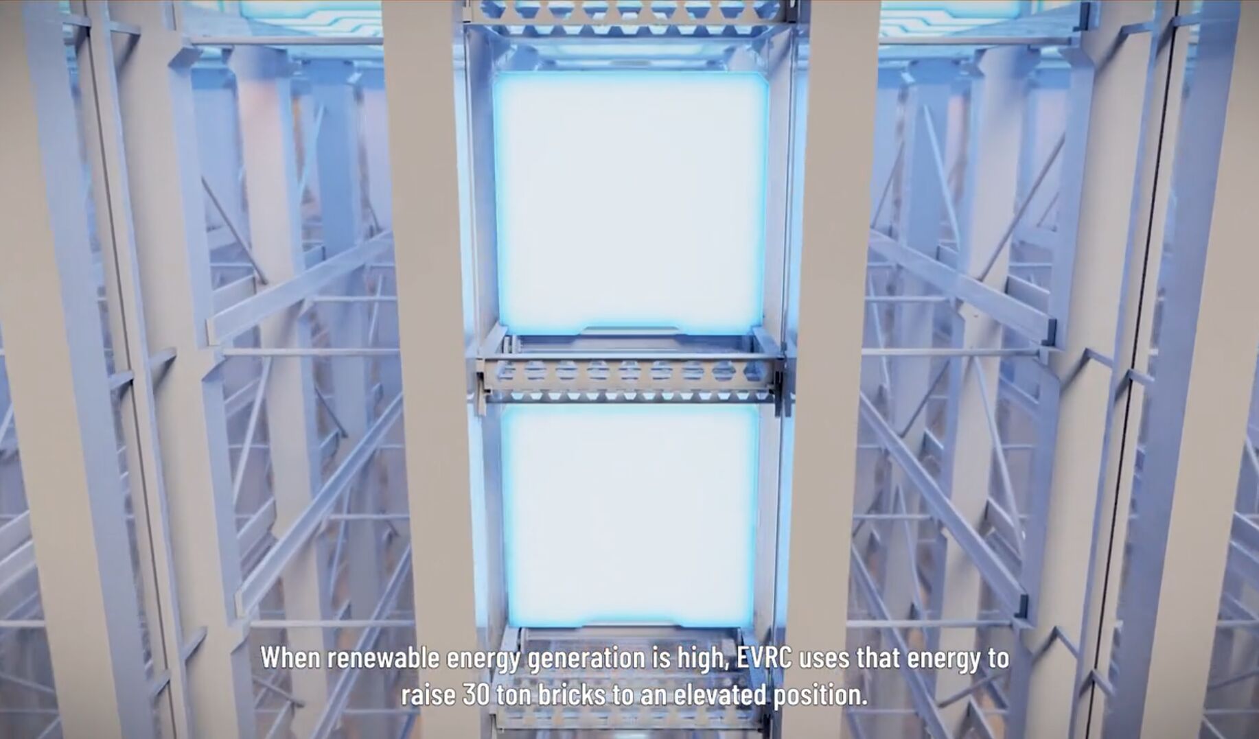 screenshot from Energy Vault's video of its EVx energy storage building, showing CGI of blocks moving out of the elevator