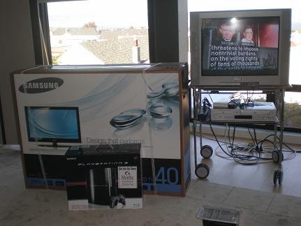 old Sony Trinitron, new Samsung in box with PS3