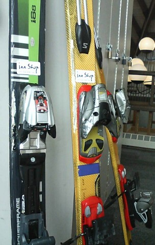 hacked-up Volkl G41 and Salomon XScream Séries skis