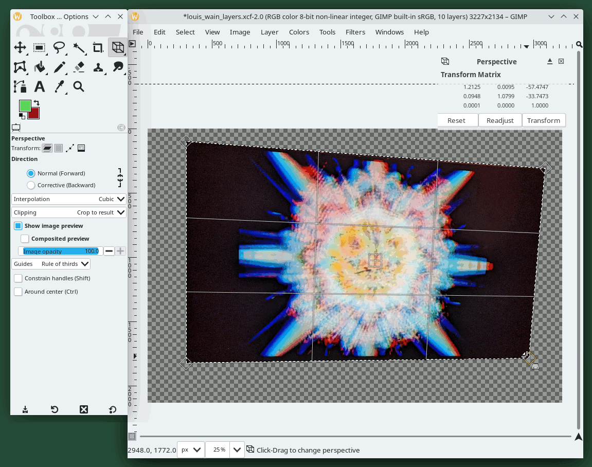 animated GIF of two screenshots showing the GIMP Perspective image transform in operation