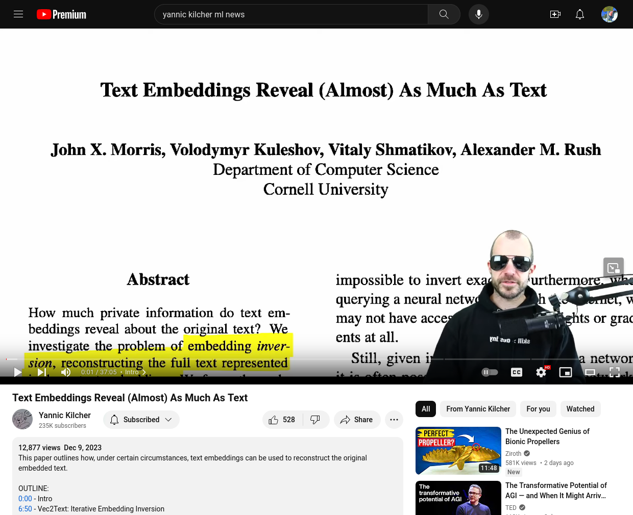screenshot of Yannic Kilcher's YouTube video "Text Embedding Reveal (Almost) As Much As Text"