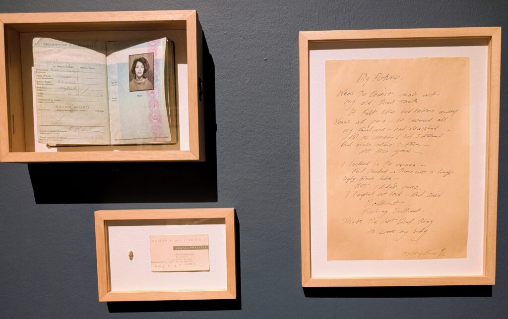 Tracey Emin's 1993 mixed-media piece: three presentation boxes showing her old passport, a dead extracted tooth with a dentist's business card, and a devastating hand-written letter